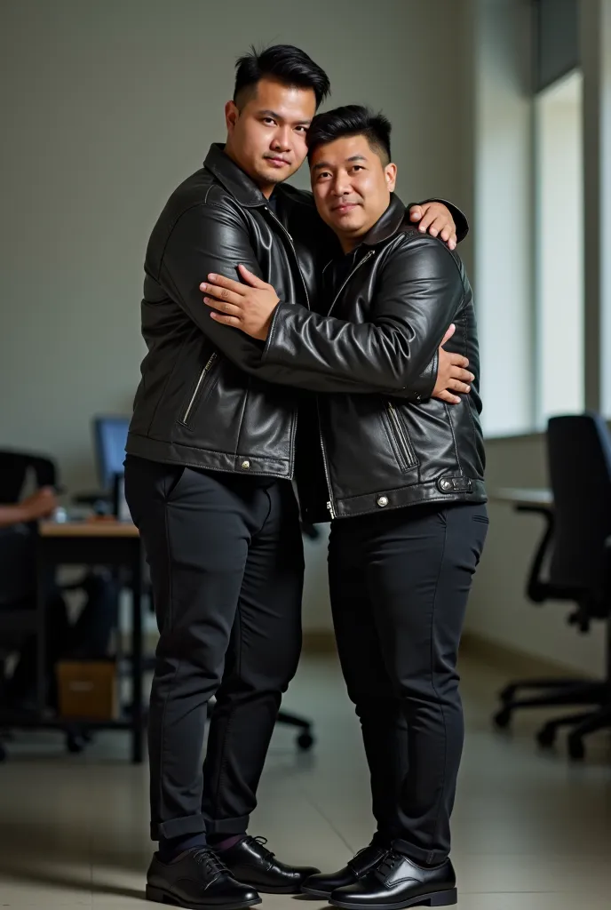 two men hugging, wearing leather jackets, shiny black shoes, one with black side parted undercut hair "not long but short hair" standing behind, the other with "short fat body in front", Indonesian faces, Indonesian people, they are looking at the camera, ...