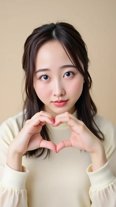  "Portrait of a cute Japanese woman wearing an off-shoulder top, making a heart shape with both hands in front of her face. The focus is on her face with a soft, natural expression. Her eyes are bright, and her long hair is flowing gently. The background i...