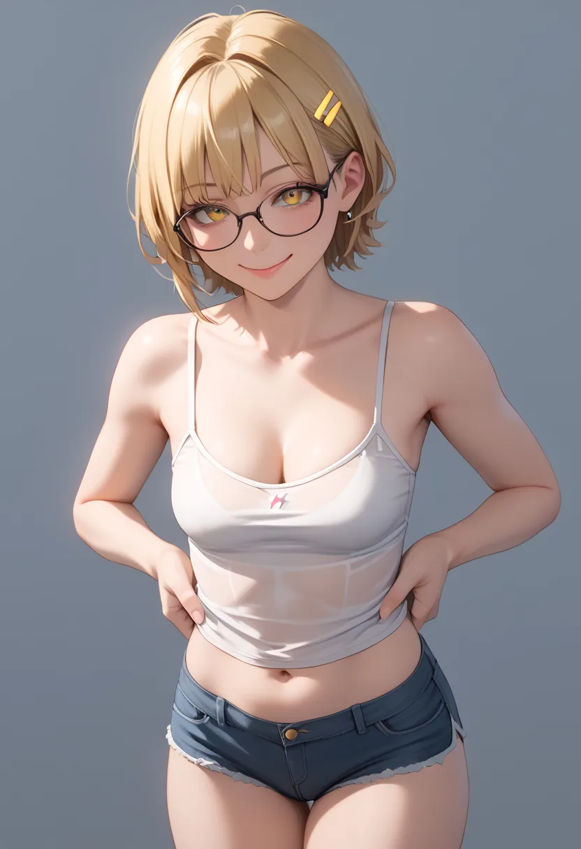 NSFW, 1girl, bangs, tight shoulders, mature but with loli body,  girl, blonde hair, short hair, yellow eyes, breasts, cleavage, sensual mouth, see-through camisole, small breasts, facing the viewer, b smile, tense, micro shorts 1.3, undressing shorts, no p...