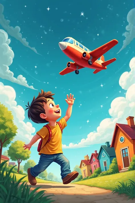 Here are ideas for each paragraph and how to draw a ren's cartoon for each paragraph:

Section 1: The boy loves to play and dreams of flying
Image: Draw a cheerful boy playing outdoors with a flying toy airplane on top. The backdrop is a small town with co...