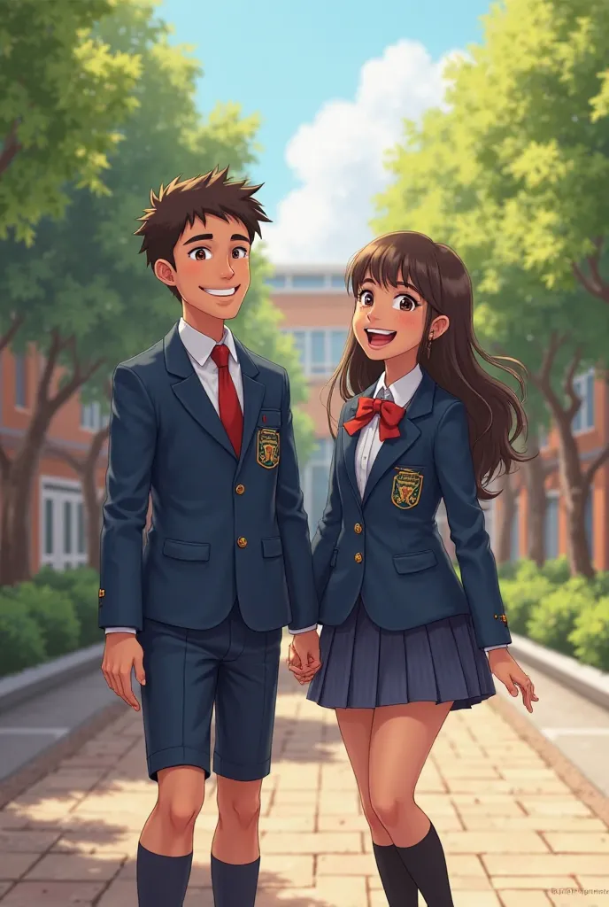 create images of two teenage students aged about 16 and 17 I don't care about gender ,I want these two students to wear navy blue uniforms that they are in a school yard ,That they are very happy that they are not Asian