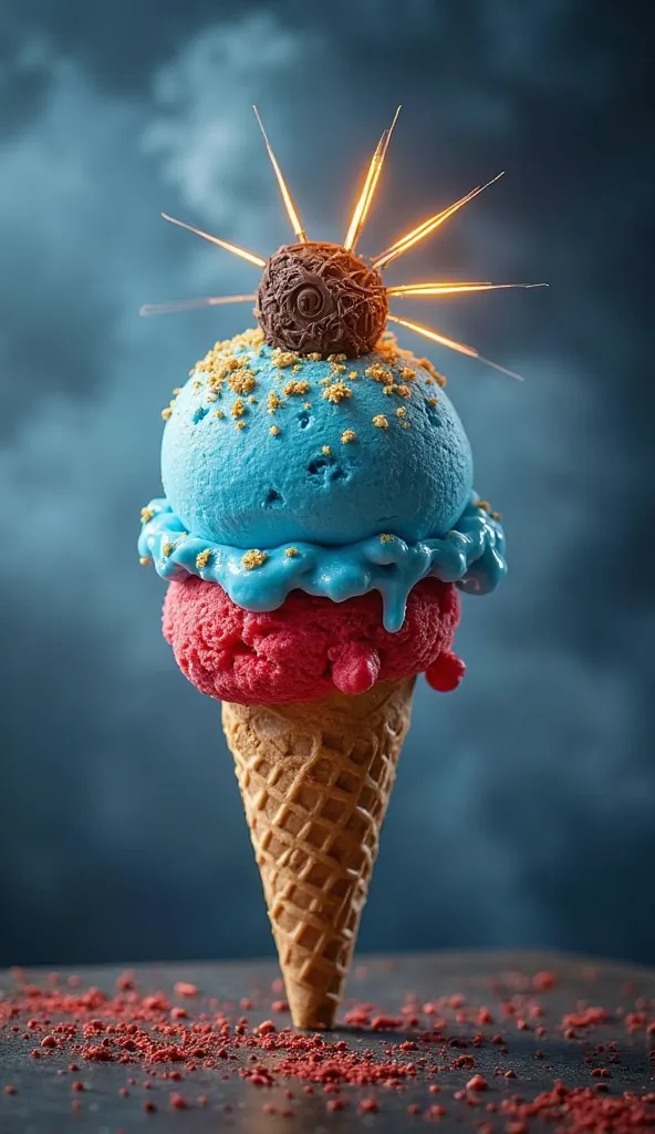 An ice cream ball inspired by Thor, with blue colors, red and gold. The top has a small Mjolnir hammer made of chocolate and glowing rays decorating the cone. The background is a stormy sky with dark clouds.