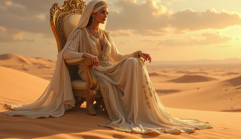 Une belle princesse arab bien habillé avec traditionnelle   assez  dans le trone qui joue avec le sable avec sa main dans le désert qui regard moi