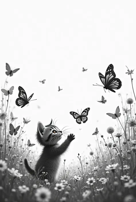 Black and white photo without colors with a thick, clear line defined in black of a small, cute, and cute cat playing and jumping with butterflies among the flowers in the field