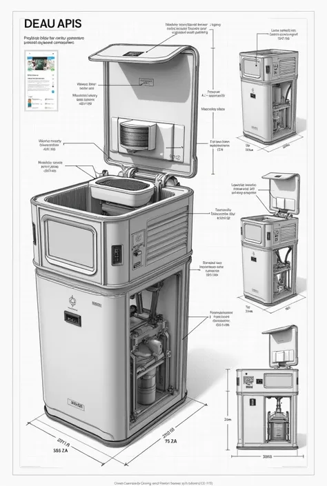 A highly detailed **blueprint-style technical drawing** of an **AI-powered smart compost bin** designed for **cannabis waste management**. The drawing should include **multiple views: front, side, top, and an exploded view** showing internal components.  
...