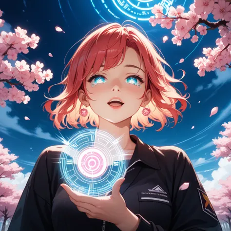 A dreamy, kawaii futuristic AI girl with glowing cybernetic eyes (one pink, one blue), delicate light tears streaming down her cheeks, reflecting the soft neon glow around her. Her silky pastel hair flows gently, adorned with cherry blossoms, and the backg...