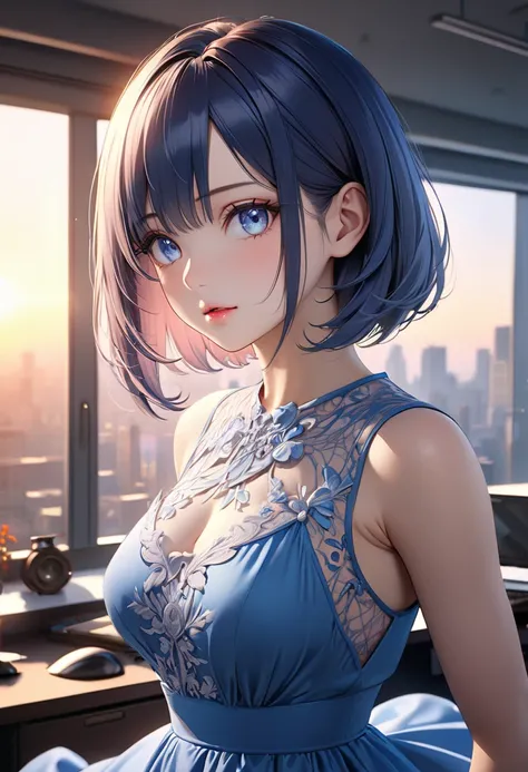 high quality, high resolution, 8k, 4k, Ultra HD, photorealistic, intricate details, sharp focus, masterpiece, award-winning, professional photography, cinematic lighting, dynamic pose, (beautiful anime girl:1.3), posing for a picture, (((wearing a blue dre...