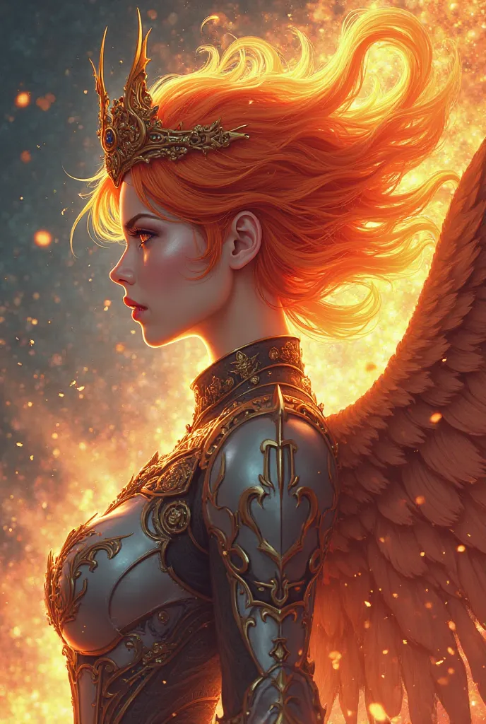 Anime concept, strong female flame haired war angel of monarch side view face view, cool dark and while elementals on background. Make the best anime. She is a queen with crown too.