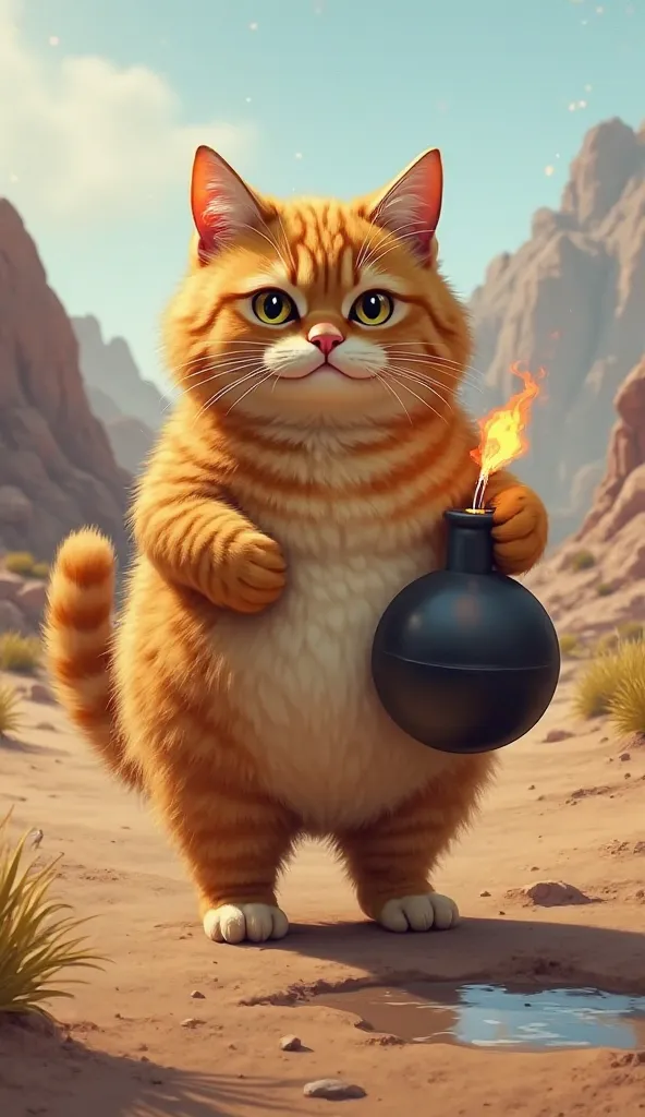 A highly detailed and realistic digital painting of an overweight, fluffy orange tabby cat standing on a dirt path in a dry, desert-like environment with mountains in the background. The cat has a serious and determined expression while holding a round, ca...