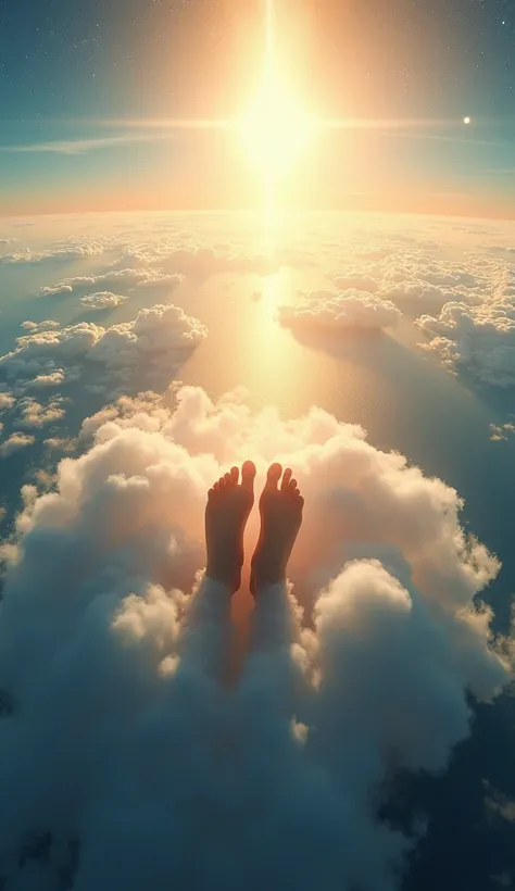 "From my divine perspective, I gaze downward, my feet resting upon a glowing, ethereal cloud. The radiant light of heaven surrounds me, casting a soft golden glow over the scene. Below, the vast expanse of Earth stretches out, its continents and oceans shi...