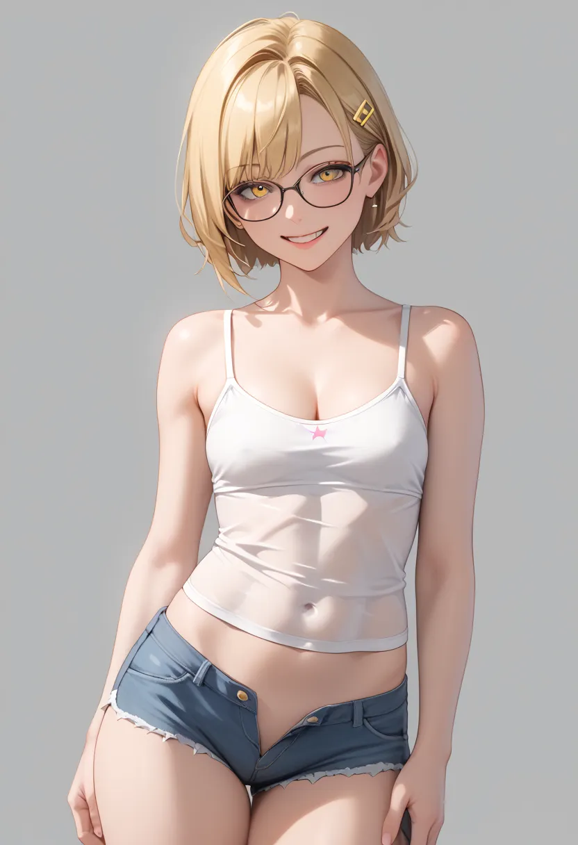 NSFW, 1girl, bangs, tight shoulders, mature but with loli body,  girl, blonde hair, short hair, yellow eyes, breasts, cleavage, sensual mouth, see-through camisole, small breasts, facing the viewer, b smile, tense, micro shorts 1.3, undressing shorts, no p...