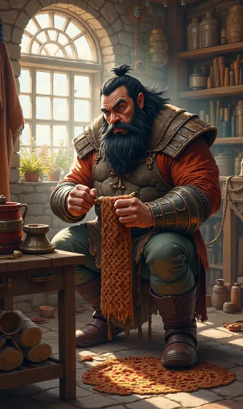 a dwarf of short stature a muscular and strong black-haired young tailor making woven armor in his store