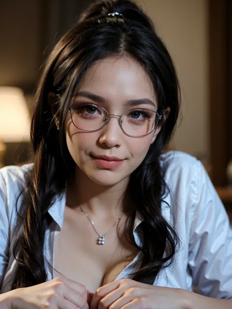 a woman with glasses sitting at a table, breasts, large breasts, black hair, cleavage, ponytail, indoors, necklace