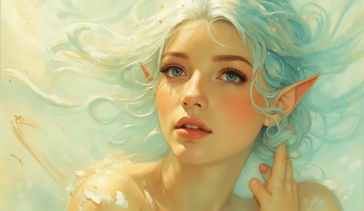 an illustration of a beautiful elf with mint-colored hair and eyes, her delicate face enjoying the moment as her hair flows in the wind, inspired by Alphonse Mucha, soft pastel tones, serene expression, warm golden lighting, ethereal and dreamy atmosphere ...
