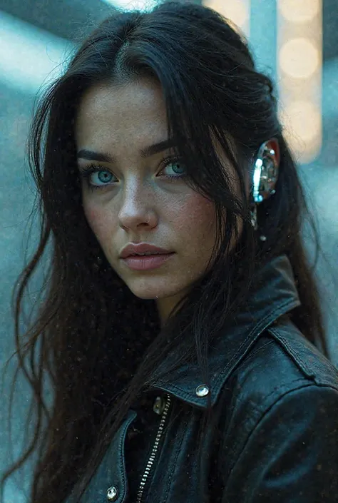 Beautiful American woman with long black hair, blue eyes and white skin. Leather jacket style. There is a robotic light behind the left auricle. science fiction fantasy cinematic poster.