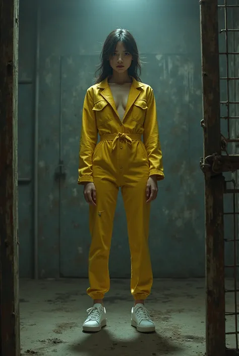 A young Asian woman, dominant, jumpsuit, tight, yellow leggings, and white sneakers, fastened, she is watching an elderly and obese butcher locked in a cage, disturbing atmosphere. 