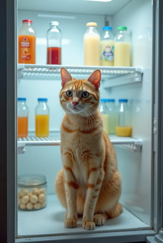 "An orange cat with short hair,  without white parts , is inside a commercial refrigerator with the door open. The cat is standing on its hind legs, with its front legs folded in a cute way. The refrigerator contains several bottles of juices and milk orga...