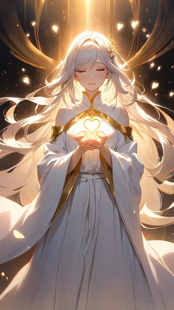 A beautiful woman dressed in a flowing white robe resembling Christian attire, with a serene and gentle expression. She holds a glowing heart delicately in her hands, radiating warmth and love. Her long hair flows softly around her shoulders, and a golden ...