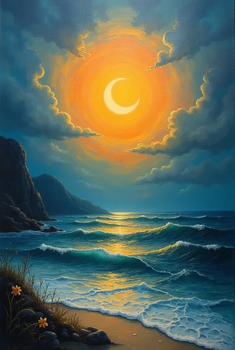 Make the painting half sea and half the sun and have to be as mysterious as hand painting 