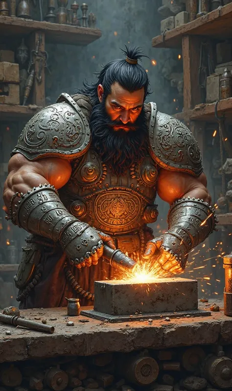 a dwarf of short stature a muscular and strong black-haired young man making armor in his forge