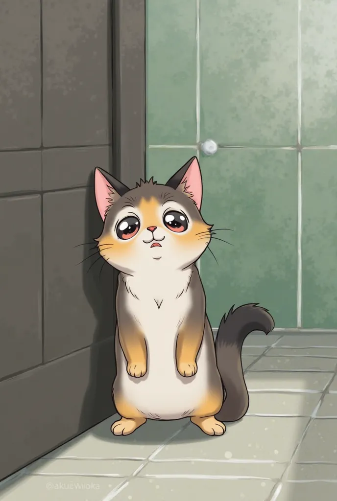 Chiku suddenly stops humming and opens his eyes, sensing something unusual. His expression changes to slight confusion and curiosity. He looks around cautiously, scanning the bathroom as if trying to find the source of his unease.