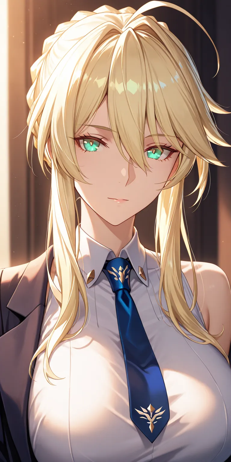 Masterpiece, very aesthetic, vibrant, high contrast, elegant mature woman, artoria pendragon (lancer) (fate), upper body, sleeveless collared shirt, open jacket, tie, soft light, best quality, honkai: star rail cg style