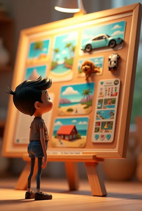 Create a Pixar-style 3D scene featuring a charming stick figure character standing in front of a vision board, filled with detailed images of a car, house, travel destinations, and a playful dog. The stick figure is simplistic yet endearing, with exaggerat...