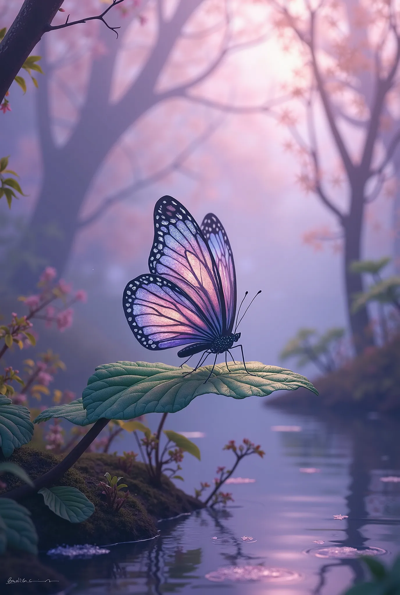 drawing of a butterfly on a leaf with thin trees in the background  with purple hues all arround with a body of water in the bottom right corner.