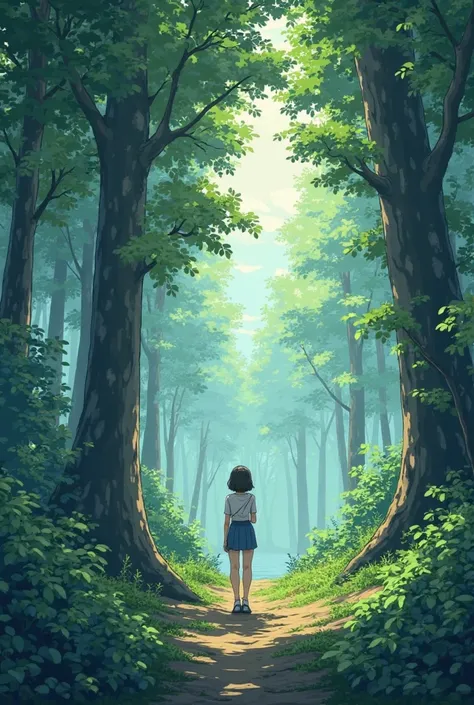 Wallpaper Anime, Lofi style, chilling in a deep forest surrounded by nature, creative and comfortable to the eyes without feeling stuffy, and there is no water source in the image and no humans.