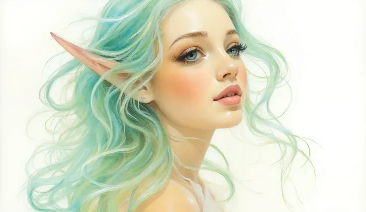 a watercolor painting of a stunning elf with mint-green hair and eyes, her hair caught in a gentle breeze as she savors the moment, inspired by John Singer Sargent, cool and soft hues, peaceful and content expression, diffused lighting, tranquil and elegan...