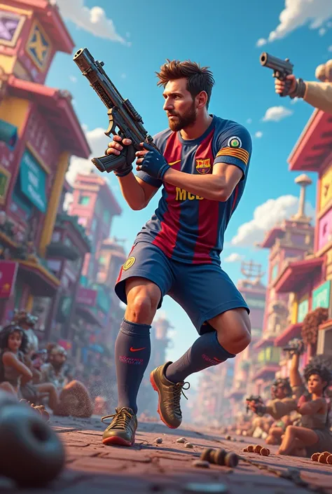 Messi in Fortnite style with guns and pistols 