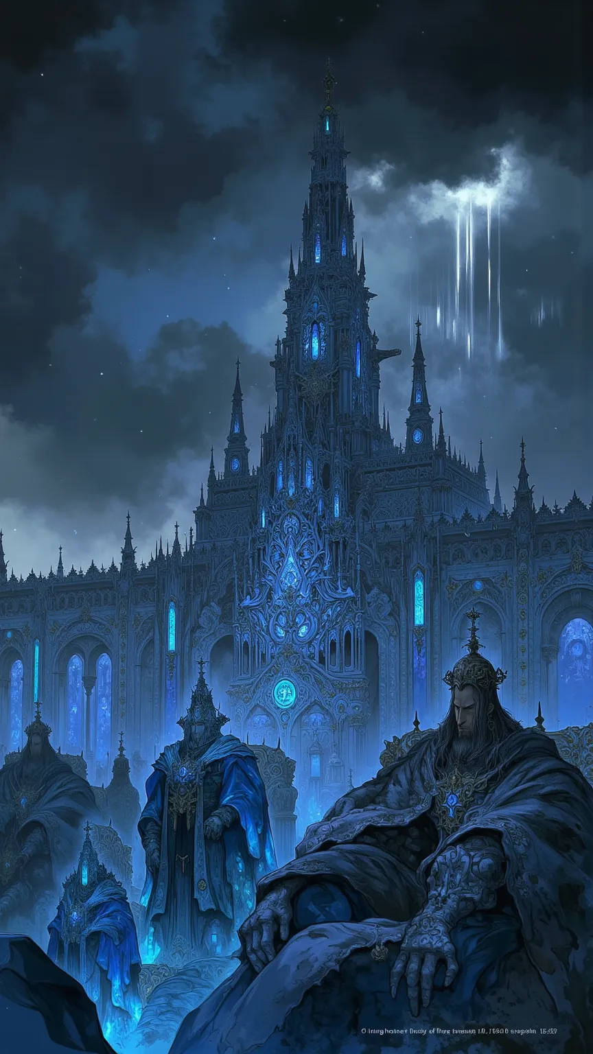 The Throne Hall of Fraedas – A King in Mourning

📍 Shot Composition:

Angle: Low-angle shot, emphasizing the towering marble columns and the vast emptiness of the hall.

Lighting: Dim, with cold blue light filtering through high stained-glass windows, cast...