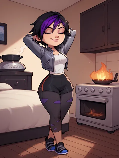 score_9, score_8_up, score_7_up, BREAK, gogotomago, 1girl, solo, short hair, black hair, wide hips, dark-gray jacket, lo purple hair,  shorts, bracelet, makeup, casual,  cropped jacket, leggings, sleeves pushed up, capri pants, black leggings, medium breas...