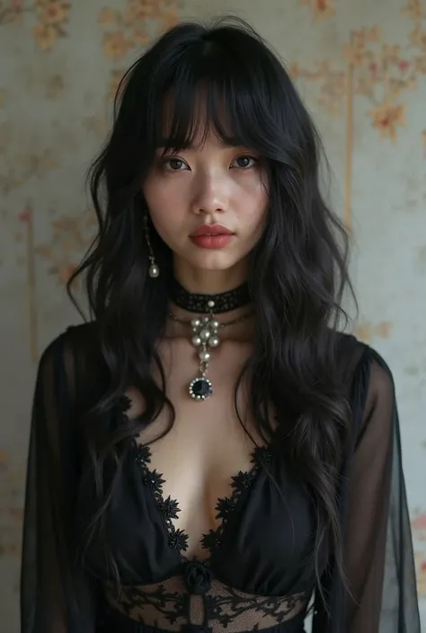  woman with long black hair and a black blusinha com decote, big boobs, pale-skinned persian girl,  She has black hair with bangs , goth girl aesthetic, black hair and large eyes,   with black hair,Mirror photo with smartphone, She has black hair, 🤤 rousa ...