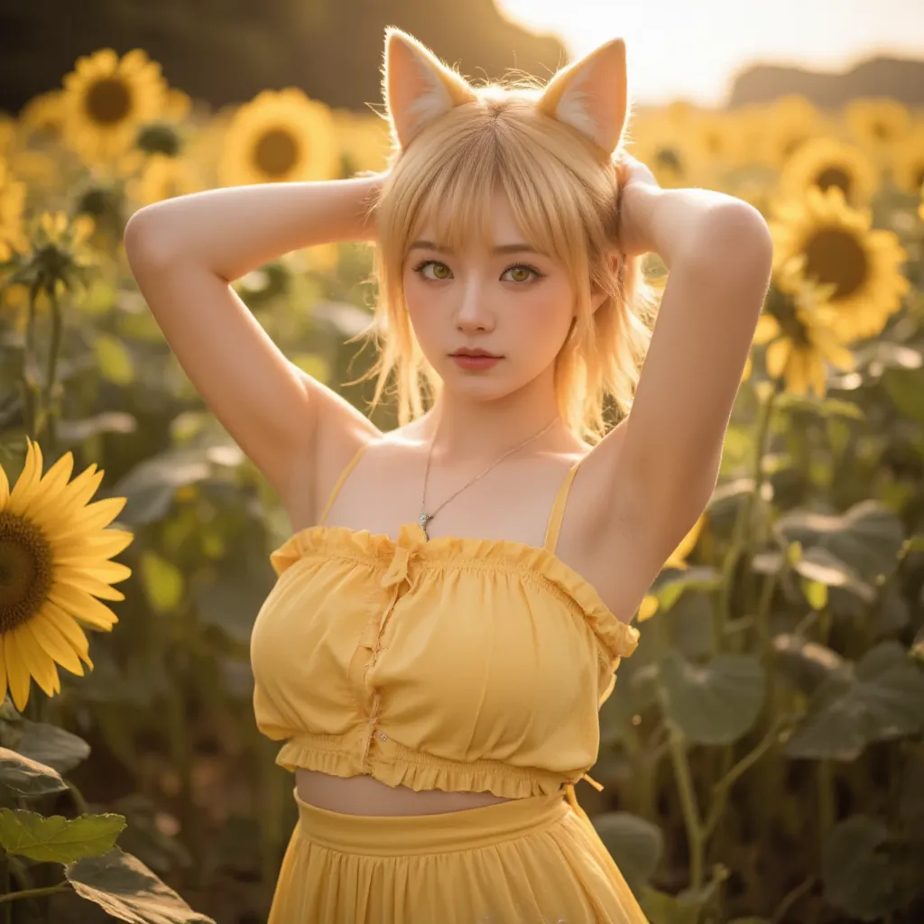   high resolution   ,    Look at the audience  , 亚洲   girl，   girl， unique ， Yellow Hair ，   short hair，     yellow pupils    ，Hair dripping    ，Wet hair，   blush，Yellow dog ears   ， Drop ears朵 ，黄色Dog Tail ，绒毛Dog Tail，Drop ears ，微胖的  girl, sunflower，reside...