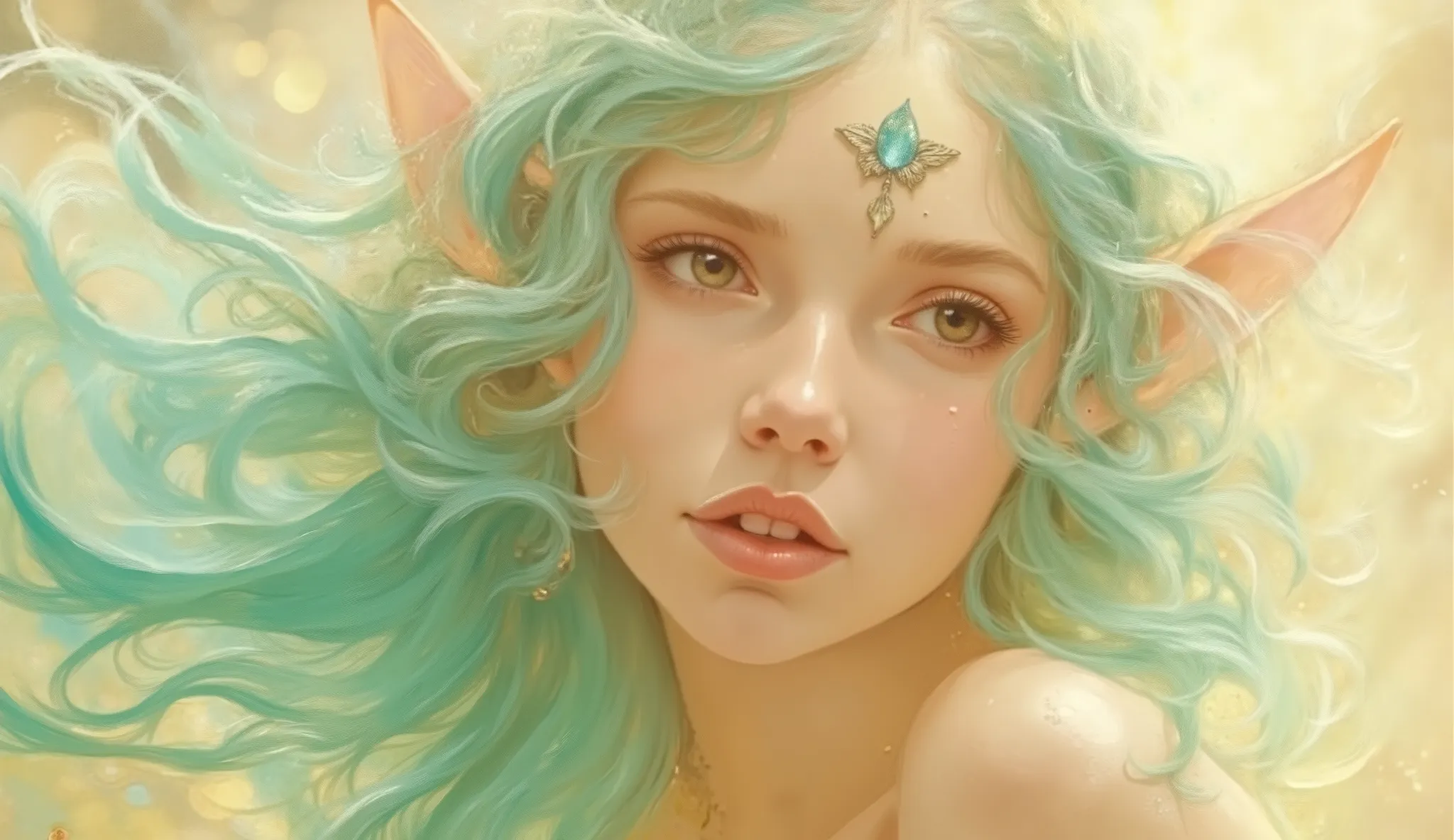 an illustration of a beautiful elf with mint-colored hair and eyes, her delicate face enjoying the moment as her hair flows in the wind, inspired by Alphonse Mucha, soft pastel tones, serene expression, warm golden lighting, ethereal and dreamy atmosphere ...