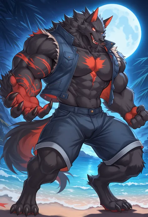 furry, solo,  , muscular male, , close up, reaching,full body, moon rise，middle night , (sleeveless jacket), looking at viewer, close up, beach, side view, nice eyes, eyes, muscular,abs, chest markings, 

, (volker \(rabbity\), werewolf , black body, hypno...