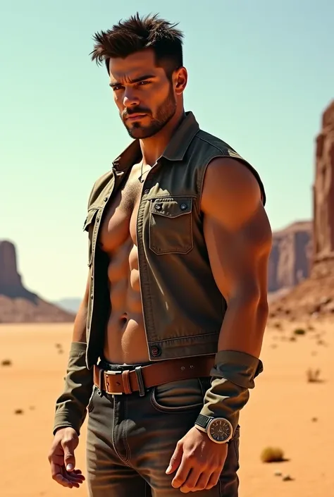 Ser looking with the name FLANKES,Wide shouldered,brunette handsome man, looking at the clock in the desert