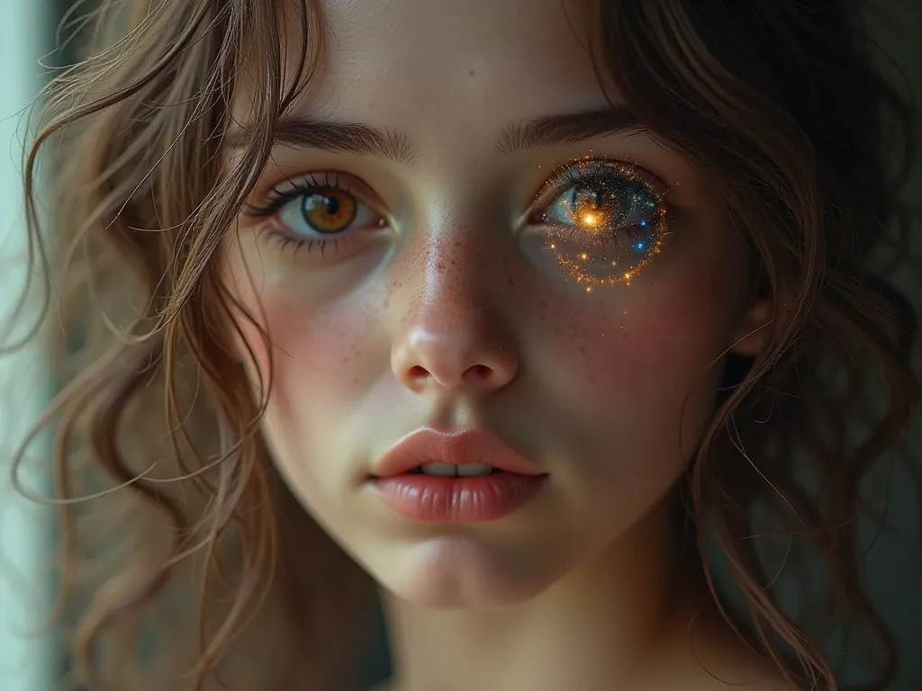 close up on a beautiful girls face with the universe in her eyes dimples  bright eyes brown hair soft lips sad looking very detailed ultra realistic 