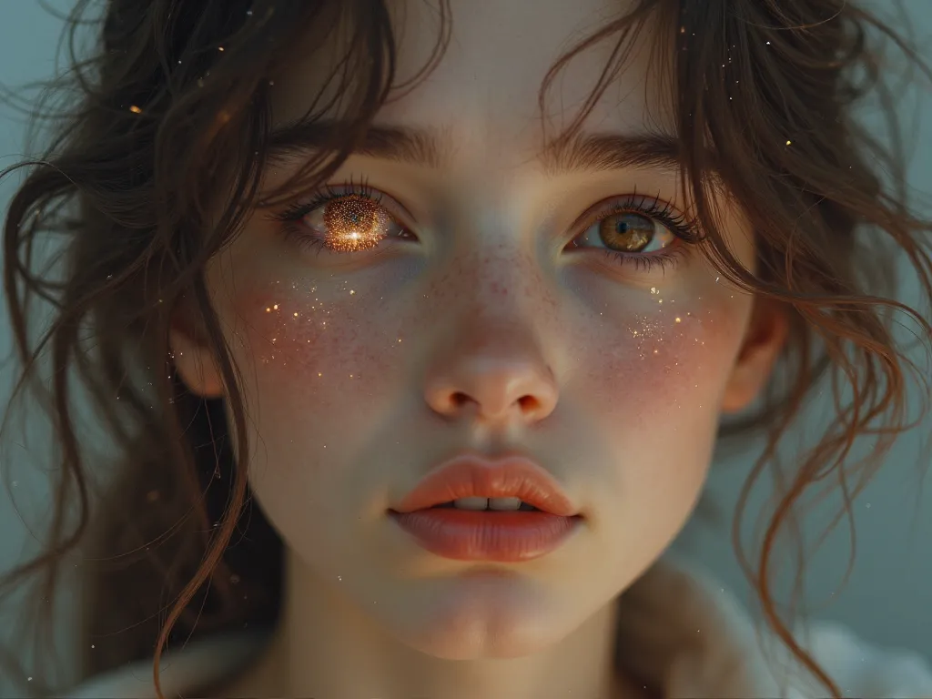 close up on a beautiful girls face with the universe in her eyes dimples  bright eyes brown hair soft lips sad looking very detailed ultra realistic 