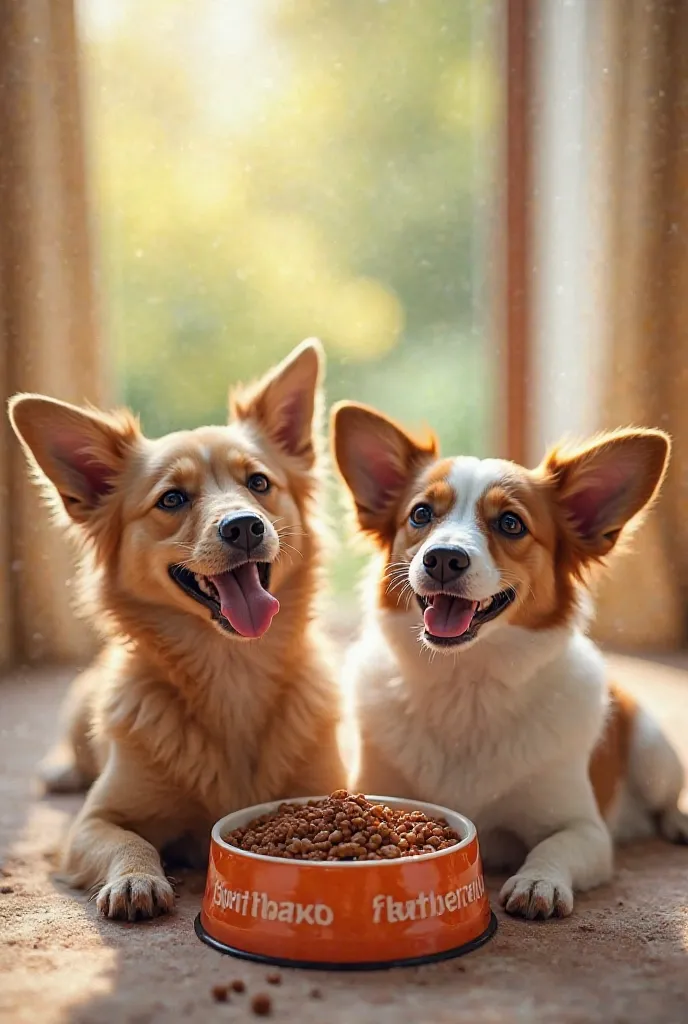 Create an engaging and heartwarming advertisement featuring two happy, energetic dogs enjoying a delicious meal from Bobite.ro. The scene should showcase high-quality, nutritious dog food in a beautifully designed bowl, emphasizing freshness and natural in...