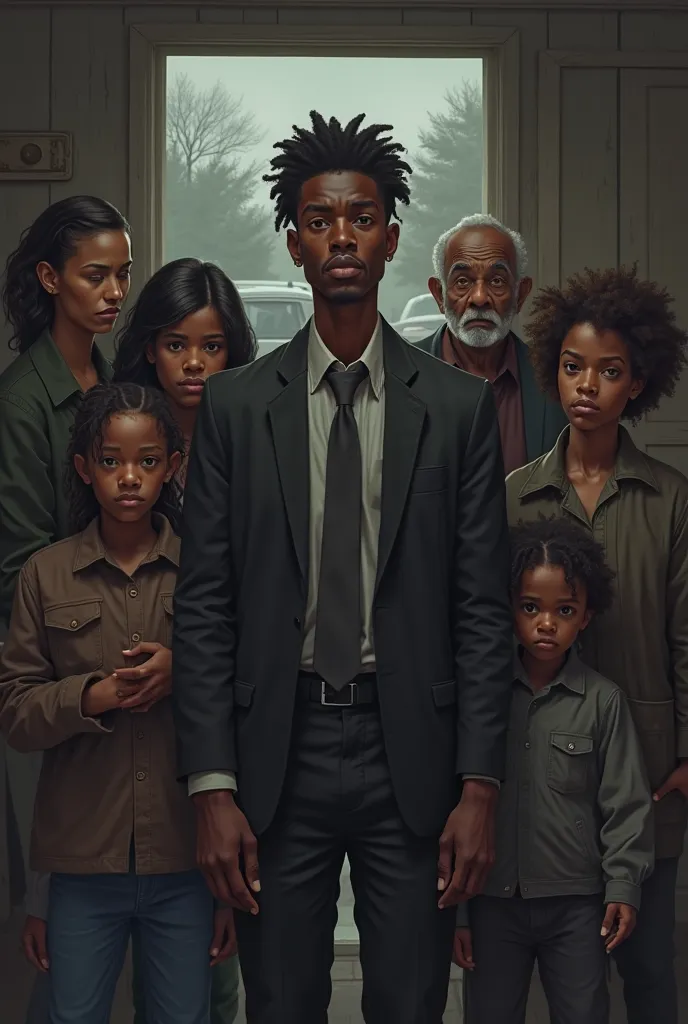 Young black man and his family, class,, Very sad in a mourning at home, by car 