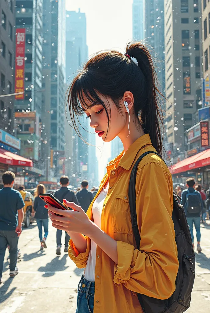 Create a drawing of a girl crossing the street with her phone and headphones 