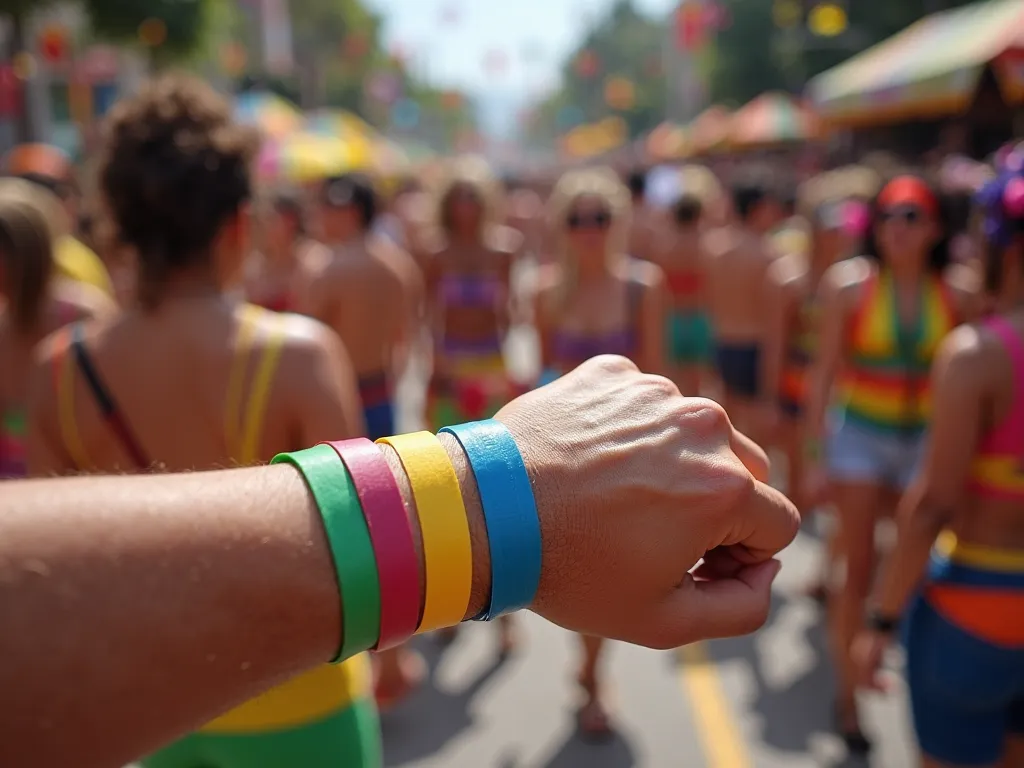 A close-up of multiple people wearing plain paper identification wristbands at a vibrant Brazilian Carnival street party. The wristbands are solid-colored with no text or barcode, clearly visible and made of paper-like material. The background is slightly ...