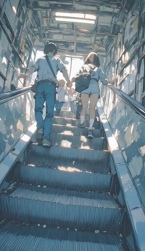  taken from below、バックパックを背負って escalatorに乗っている女子高生４people,  illustrations of by Yanagawa Nobusada, Tumbler, Happenings,  escalator, Tatsuro Kiuchi, エディトリアル illustrations, School corridor, Go down the stairs,  Yangjun Cent , Sachin Ten, Shintaro Kago,  Box n...