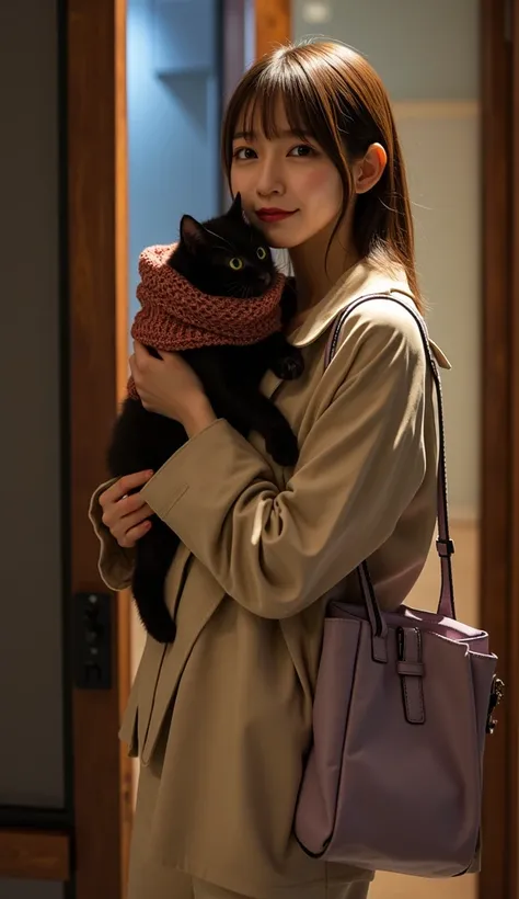 ultra-realistic, photorealistic, dramatic scene, shadow, global-illumination, solo, (20 years old Japanese girl with 1 kitten), very beautiful with very cute but boyish cool face, (very large breasts), slim waist, (wearing an office worker's outfit with iv...