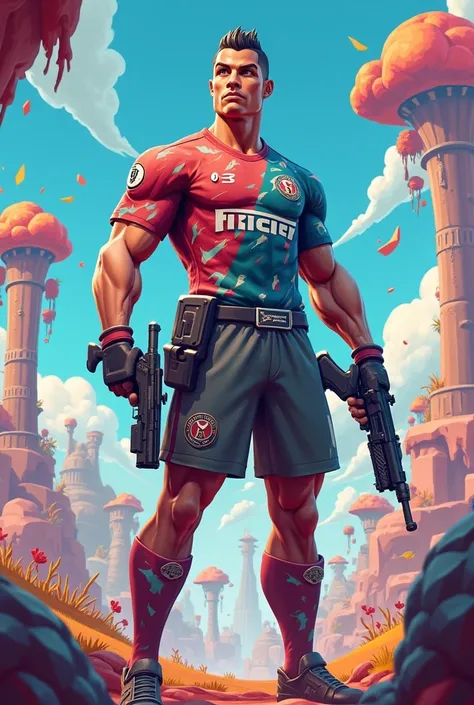 Cristiano Ronaldo in Fortnite style with guns and pistols 