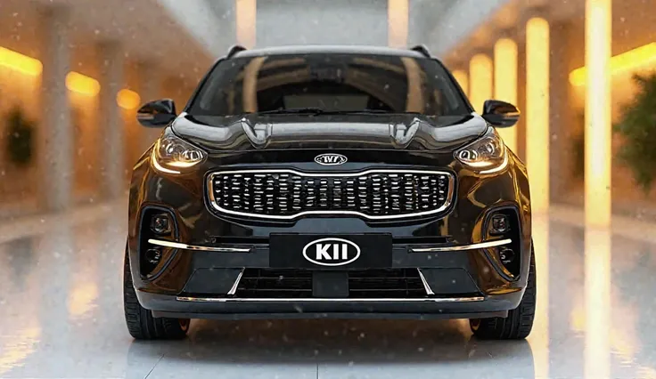 create an ultra-detailed 3D render straight front view, of a Classic (2025 kia Sportage ) with a bold design captured from straight front view. The car should feature a 'Gleamy  (Black)color with a (2025 kia Sportage)logo on its front, a large white detail...