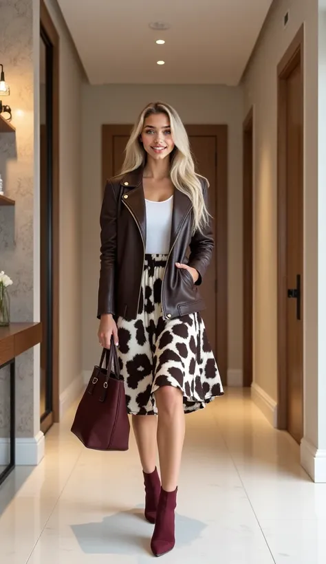 (((eye level shot))), (((full body))), ((front view)), Beautiful Latina girl, ((blonde long hairstyle)), 20 years old, light tanned, ((looking at camera)), ((((playful smiling)))), dressed in (((dark brown Lapel collar bomber leather jacket with long sleev...