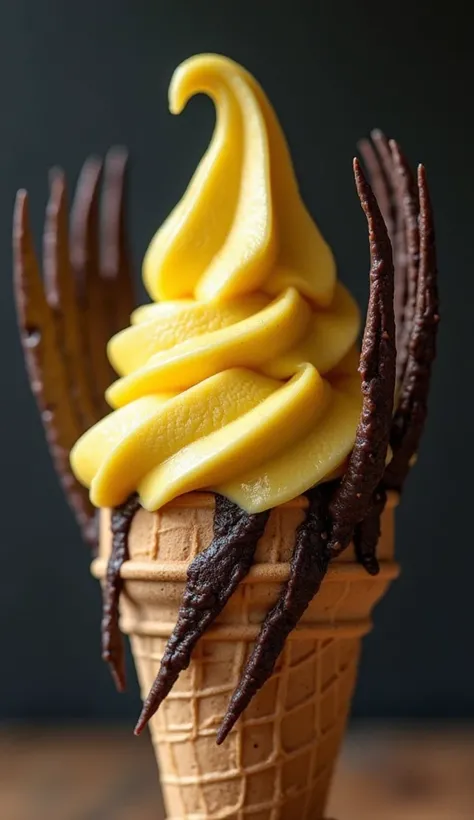 A yellow and black ice cream scoop inspired by Wolverine, with chocolate claws protruding from the sides. The ice cream texture has stylized slashes, resembling the hero’s sharp claws. The cone has a rustic, wild pattern.